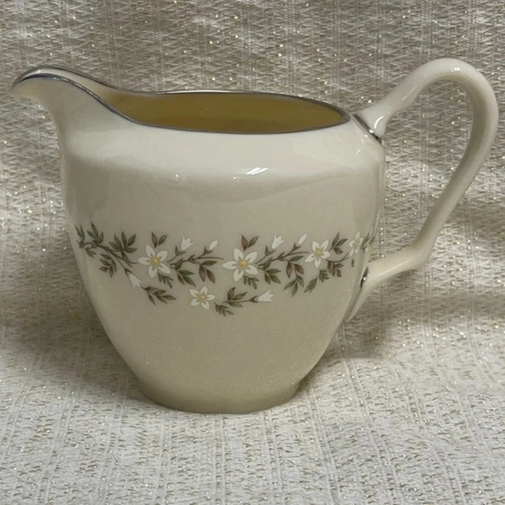Lennox‎ Brookdale Creamer Silver Rim White and Green Floral Design